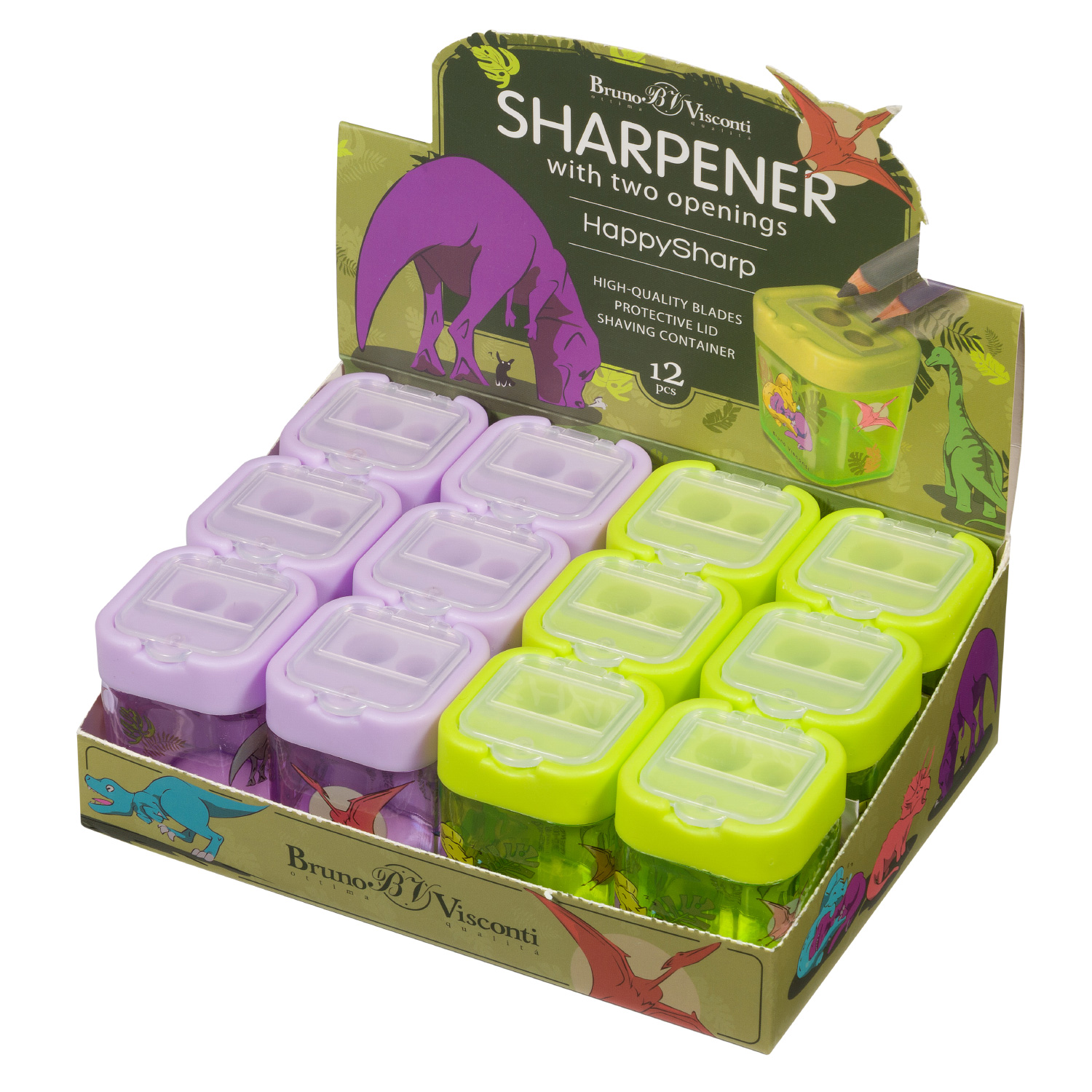 ТОЧИЛКА КВАДРАТНАЯ С КОНТЕЙНЕРОМ, 2 ОТВЕРСТИЯ "HAPPYSHARP" (2 цвета)